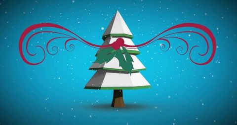 Minimal geometric white lowpoly christmas tree with holly ribbon on teal snowy background