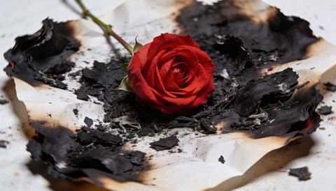 Red rose lying on charred paper surrounded by ash flakes and scorched edges