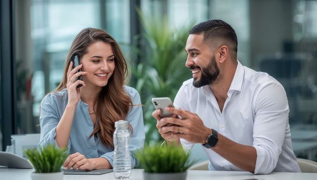 Smiling colleagues using smartphones while chatting at modern office desk with plants