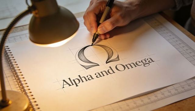 Hand-drawn Omega logo sketch on spiral sketchbook with serif typography under lamp