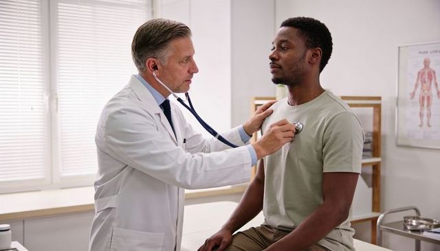 Doctor listening to patient chest with stethoscope during routine clinic checkup