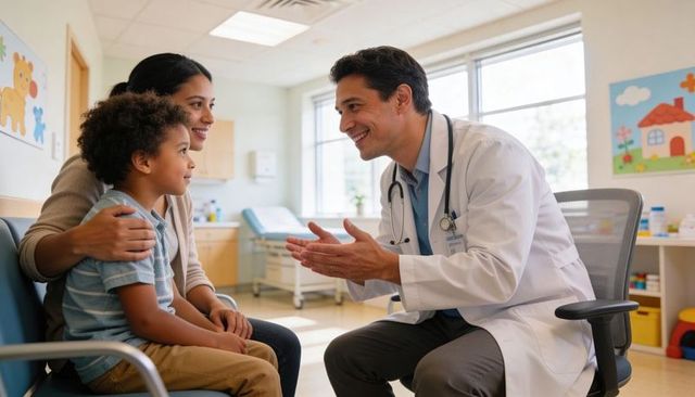 Pediatrician Connecting with Child and Parent During Friendly Pediatric Clinic Visit