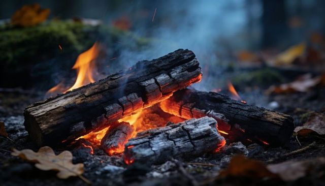 Crackling charred logs glowing embers and licking flames on forest floor with oak leaf