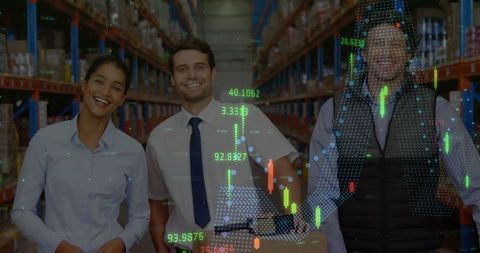 Warehouse Automation Team with Financial Data Overlay