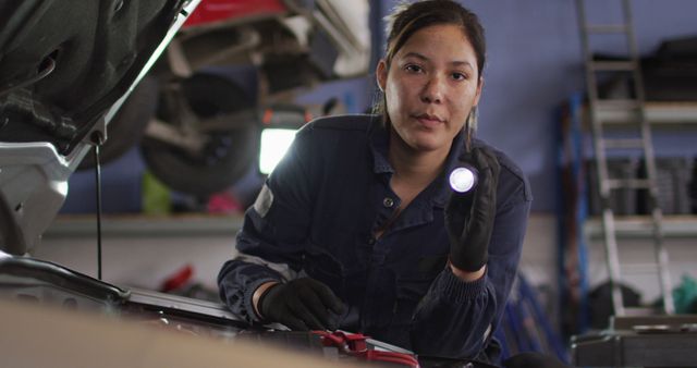 Female mechanic using a torch light and repairing a car at a car service station. automobile repair service