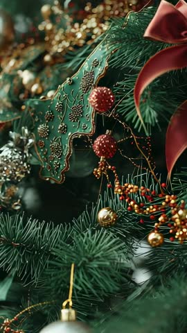 Vertical holiday video panning pine branch with filigree ornaments and red berries