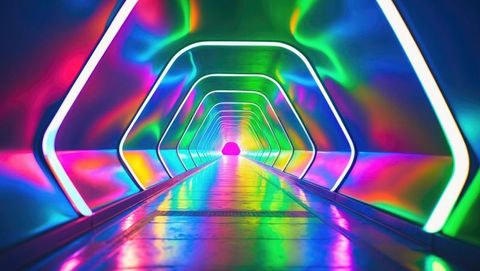 Neon-lit futuristic tunnel with glowing hexagon arches