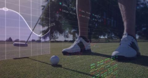 Golfer on Green Analyzing Financial Data Overlay