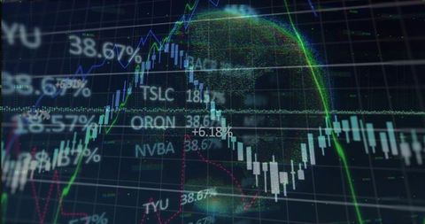 Futuristic neon trading dashboard with candlestick chart and pixelated data globe overlay