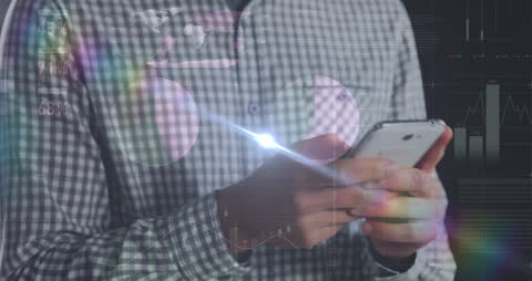 Man Analyzing Financial Data on Smartphone with Digital Overlay