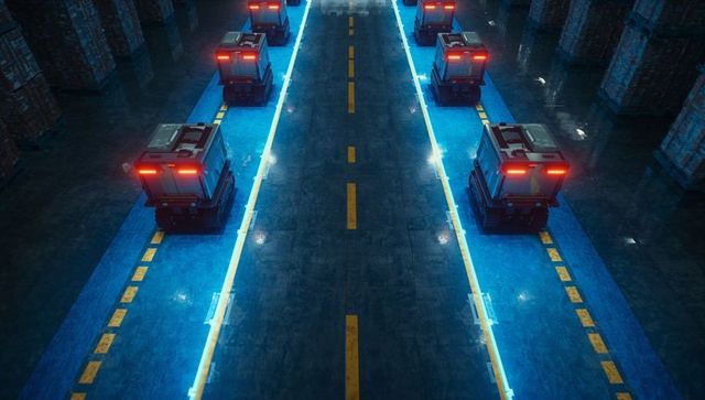 Autonomous robots navigating warehouse with futuristic led paths