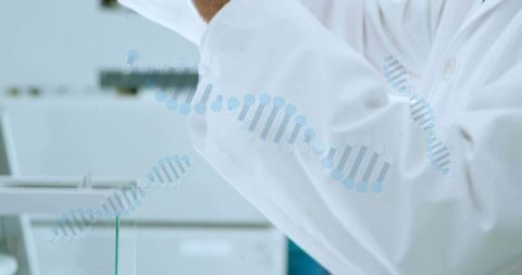 Senior scientist placing sample on precision balance with dna helix overlay for lab testing