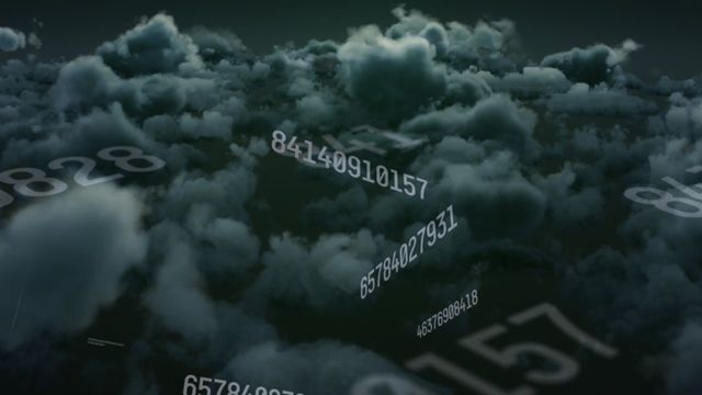 Dynamic visual showing numbers seamlessly flowing through clouds symbolizes modern cloud computing and data analysis. Suitable for projects about digital security, cloud data processing, or technology advancements. Excellent for use in tech conferences, digital animations, or internet safety campaigns.