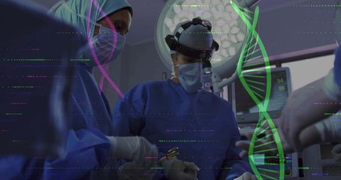 Lead surgeon performing intricate operation with dna overlay in modern or