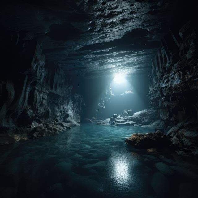 Peaceful underground cave featuring crystal-clear water reflecting sunlight from a natural opening above. Ideal for promoting serenity in geologic studies, nature-focused content, tourism advertising, and spa and wellness branding.