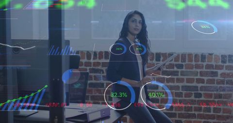 Businesswoman Engaging with Digital Financial Data Visualization