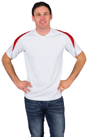 Transparent football fan smiling in white jersey