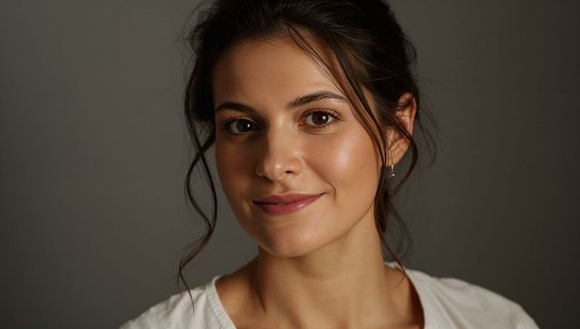 Smiling woman posing for studio headshot with natural makeup and soft lighting