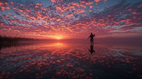 Fisherman Standing at Sunrise Reflecting on Tranquil Lake