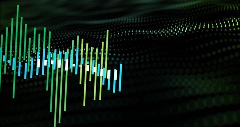 Neon Candlestick Wave Visualizing Financial Data with Pulsing Vertical Bars on 3D Grid