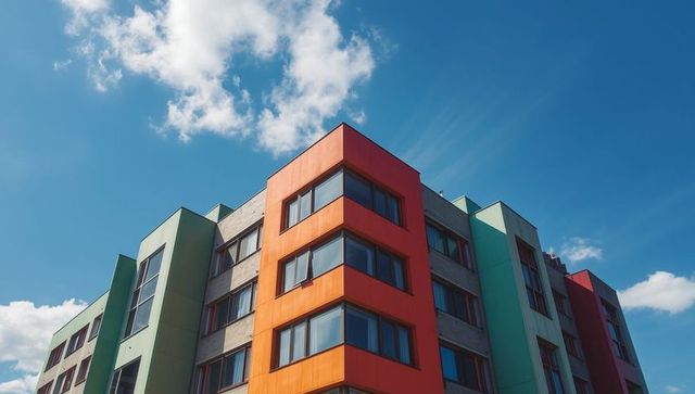 Vibrant multi-story building against bright blue sky