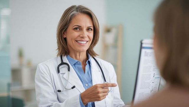 Friendly female doctor smiling and pointing at medical chart during clinic consultation