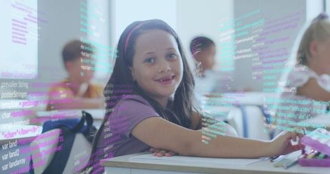 Smiling elementary student learning coding with digital code overlay in classroom
