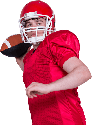American football quarterback in red uniform preparing to throw ball transparent