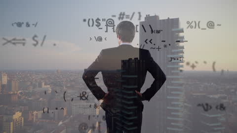 Businessman Overlooking City with Data Symbols Overlay