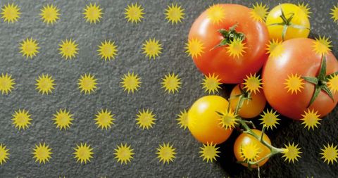 Red and yellow tomatoes on dark slate featuring starburst overlay and ample copy space
