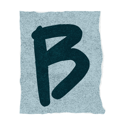 Hand-drawn dark teal letter b with torn edge texture on light blue background