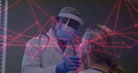 Doctor in ppe conducting nasal swab test with digital overlay