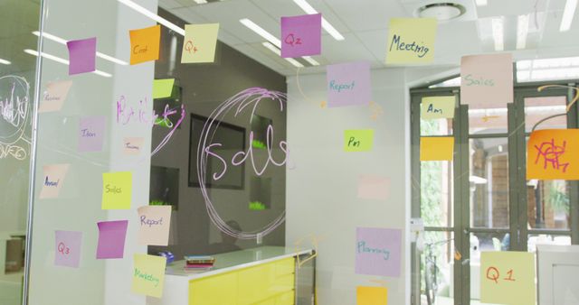 Bright Office with Sticky Notes on Glass Wall for Project Planning - Download Free Stock Images Pikwizard.com