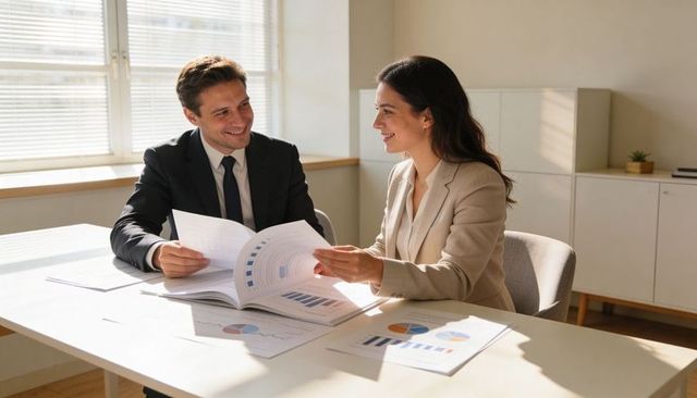 Business partners reviewing financial reports and charts in bright office meeting