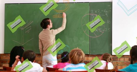 Image of a teacher writing on a blackboard in a classroom full of diverse young students. The scene is enhanced with falling digital graphics of school supplies, adding a creative element to the educational setting. This can be used in articles, websites, or materials focused on education innovation, classroom engagement, or diversity in schools, emphasizing a dynamic and modern approach to learning.