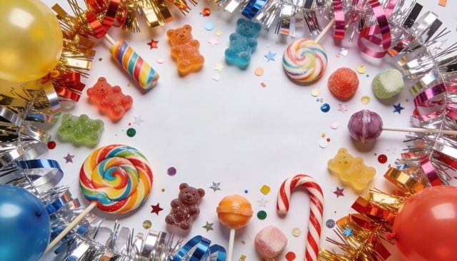 Colorful candy wreath flatlay featuring rainbow lollipops, gummy bears, candy cane tinsel