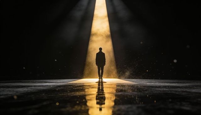 Lonely silhouette standing under dramatic golden spotlight, reflective wet stage and mist