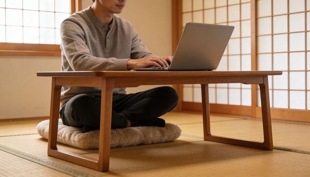 Working asian man sitting on cushion typing laptop at wooden low table in tatami room