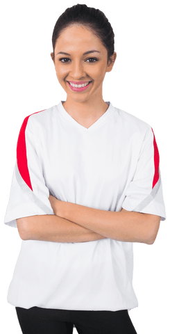 Young woman smiling confidently, wearing white jersey with red accents. Crossed arms suggest a relaxed yet energetic demeanor. Transparent background allows versatile use. Perfect for sports-themed promotions, fan gatherings or motivational concepts.