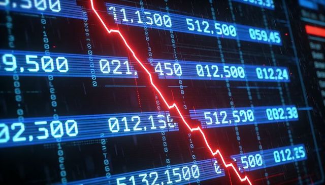 Red jagged line tracing market crash across blue digital trading dashboard with tickers