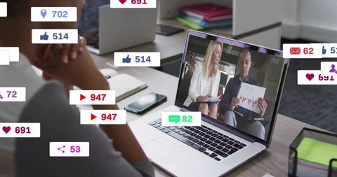 Remote business presentation on laptop with social media engagement overlays and data chart