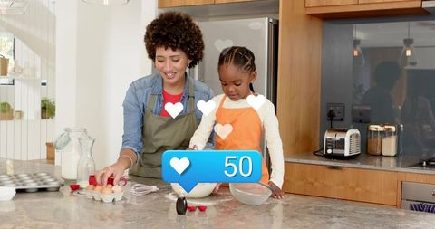 Woman and child baking together in bright modern kitchen mixing batter and cracking eggs