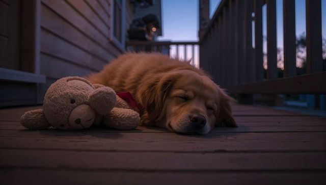 Golden retriever sleeping on porch with teddy bear wearing red bandana at dusk
