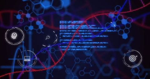 Glowing DNA Helix Crossing Futuristic Bioinformatics Interface with Code and HUD