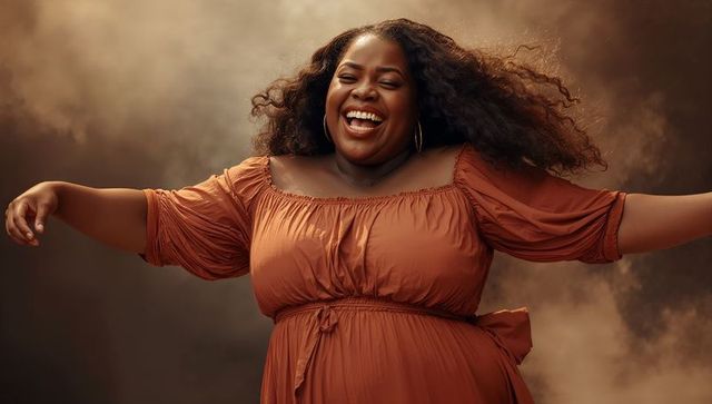 Joyful black woman laughing with flowing hair and rust dress, studio portrait, warm tones