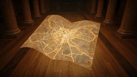 Illuminated Ancient City Map on Wooden Floor in Grand Hall