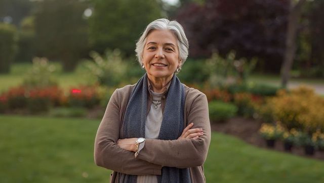 Confident senior woman standing in park smiling while wearing wristwatch, scarf and cardigan