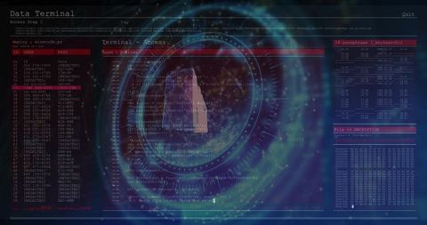 Futuristic holographic cyber terminal displaying code, vortex hud and hex encryption
