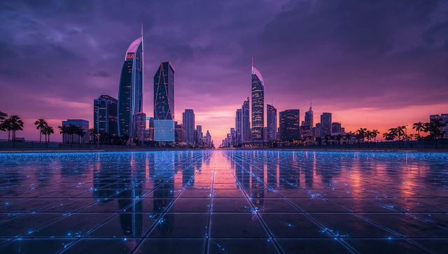 Futuristic skyline reflection with neon grid in urban dusk