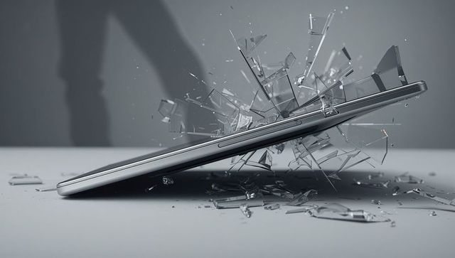 Metal smartphone breaking with flying glass shards, minimalist studio silhouette motion